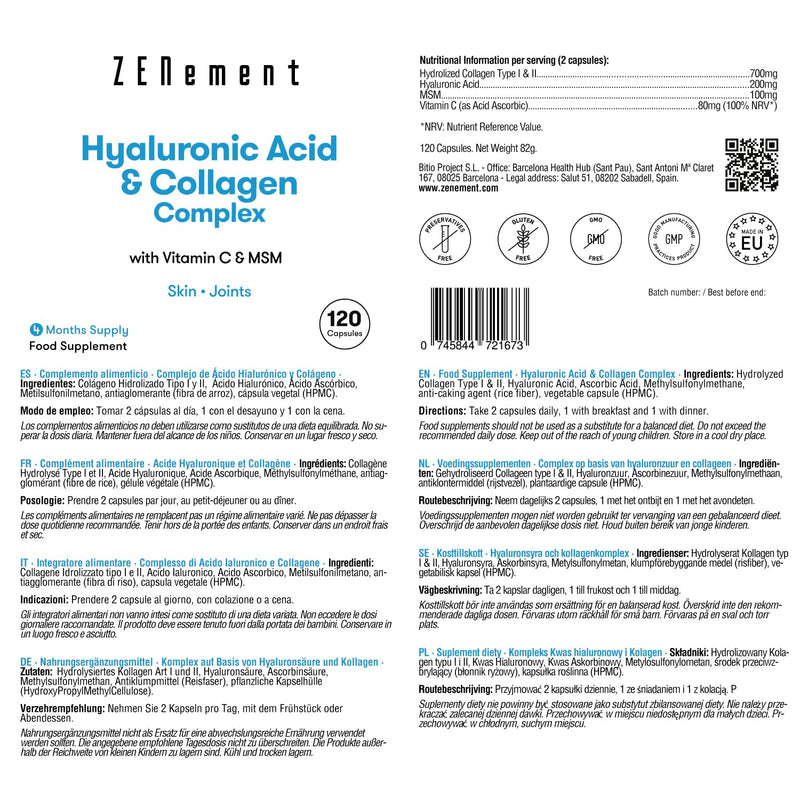 Hyaluronic acid collagen complex, skin & hair complex enriched with MSM & vitamin C, 120 capsules | Laboratory tested, without additives | Zenement - NewNest Australia
