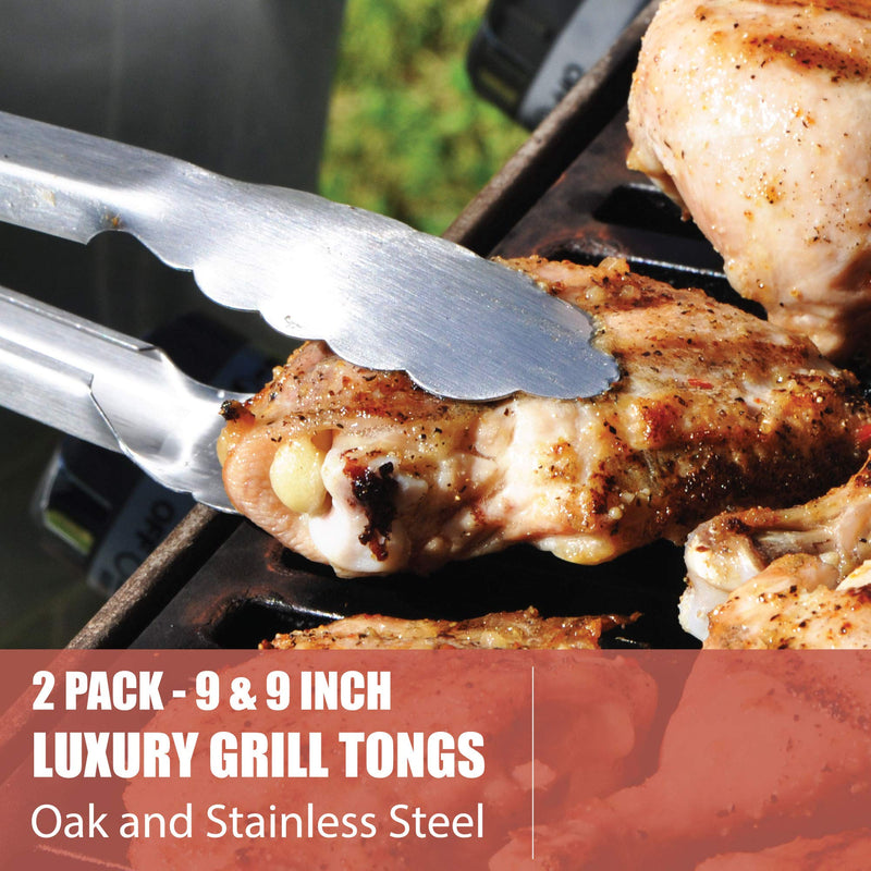 NewNest Australia - Drop Kick Your Old Tongs, GRILLHOGS 9-Inch 2 Pack Barbecue Tongs Are the Only Equipment That Can Handle Your Massive Meat, Stainless Steel + Oak Wood BBQ Tongs 9 inch 2-pack 