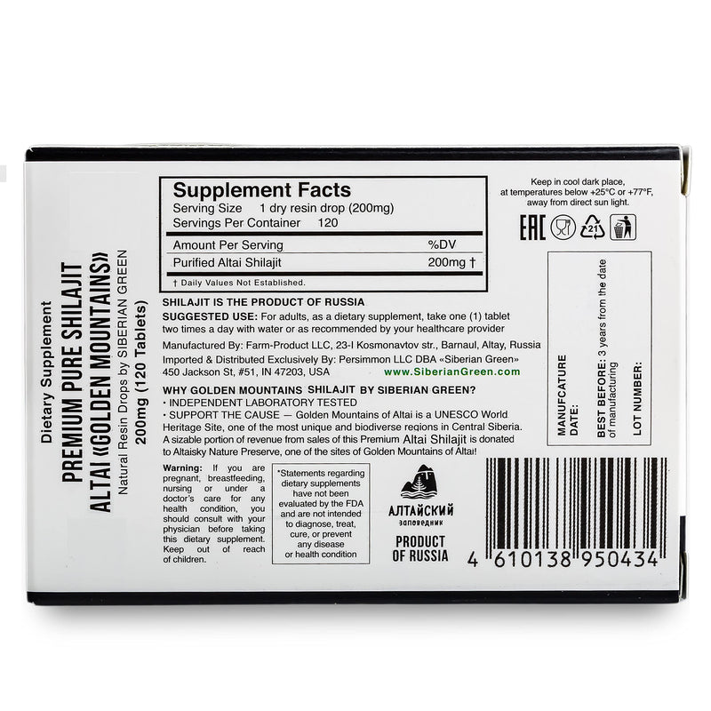 Premium Pure Shilajit Dry Drops by Siberian Green Altai "Golden Mountains" - 120 Count (200 mg) Authentic Safety & Quality Certificate - US Lab Tested Fulvic Acid - NewNest Australia