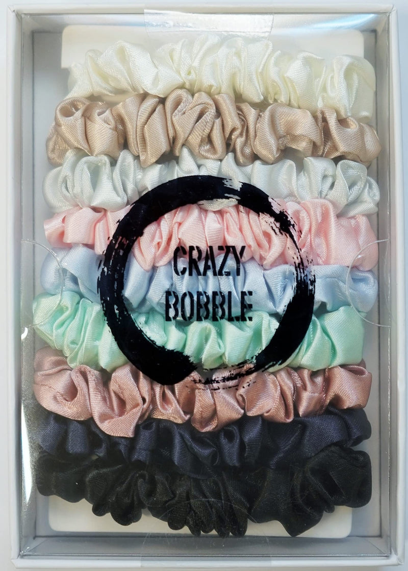 Crazy Bobble® Skinny Scrunchies 'Feels like Silk' Satin Ponytail Holders, Hair Ties For Women Girls (Pack of 9) (Black, Navy, Dusky Pink, Mint Green, Baby Blue, Pink, Silver Grey, Champagne, Pearl) - NewNest Australia