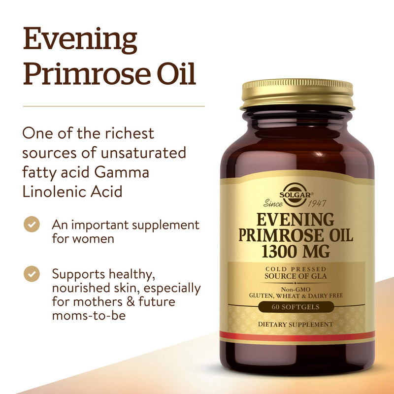 Solgar Evening Primrose Oil 1300 mg, 60 Softgels - Pack of 2 - Promotes Healthy Skin & Cardiovascular Health - Nutritional Support for Women - Non-GMO, Gluten Free, Dairy Free - 120 Servings 60 Count (Pack of 2) - NewNest Australia