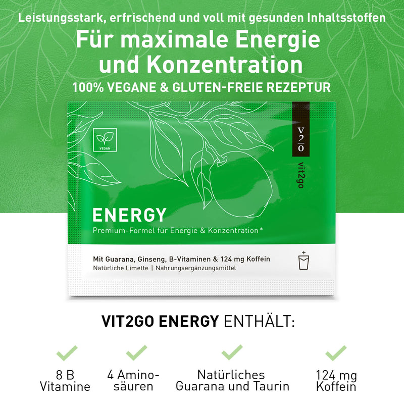Vit2Go Energy Powder Drink With Caffeine Shot (124 Mg), Taurine And Guarana, Energy Drink Powder Against Fatigue, Concentration Booster With Vitamin B Complex (30 Sachets) - NewNest Australia