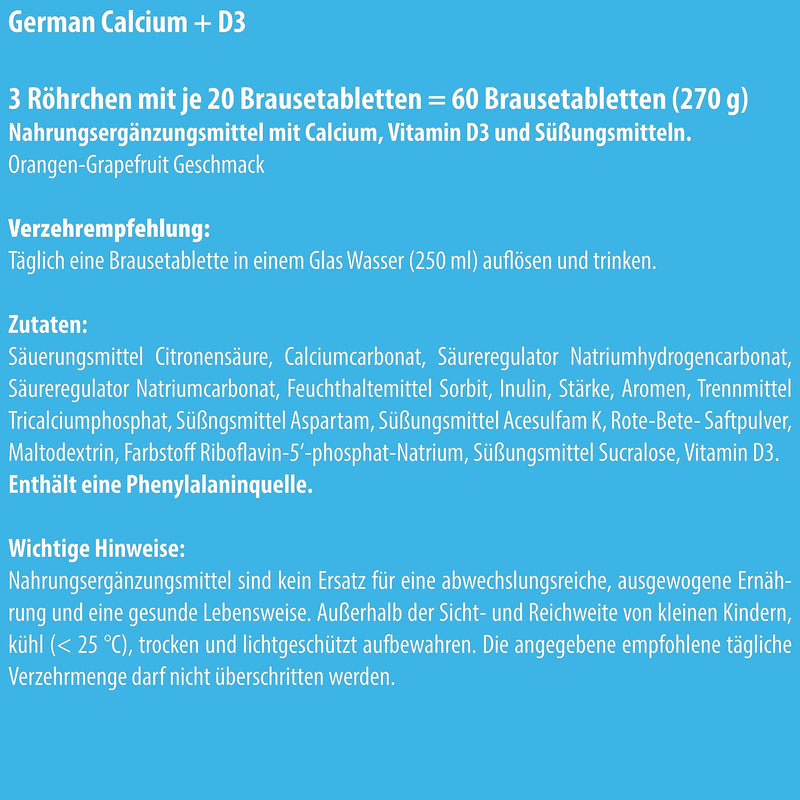 German Calcium + Vitamin D3 Effervescent Tablets Pack Of 60 Orange-Grapefruit Flavor - 500 Mg Calcium, 2.5 Œºg Vitamin D3 - T&D Pharma - Made In Germany Mixed Fruit 60 Pieces (Pack Of 1) - NewNest Australia