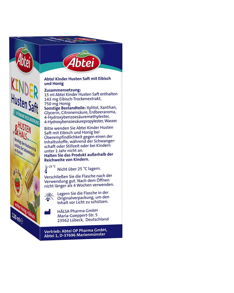 Abtei Children's Cough Juice - with strawberry flavor, marshmallow and honey - for children and toddlers from 1 year old - without alcohol, gluten-free, lactose-free - 1 x 120 ml - NewNest Australia