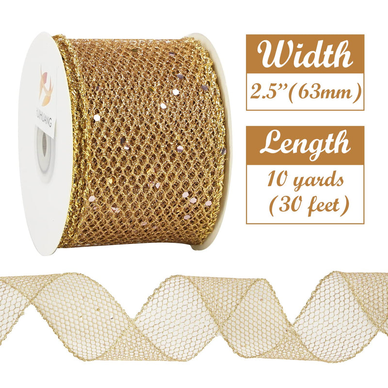 HUIHUANG Glitter Mesh Ribbon Gold Web Mesh Wired Ribbon Metallic Mesh Ribbon Sparkling Wire Edge Ribbon for Gift Wrapping Bow Making Home Decor Wreath DIY Crafts Tree Topper Bows-2.5" x 10 Yards - NewNest Australia