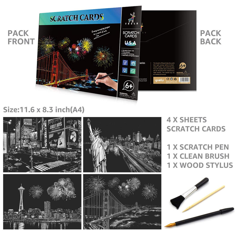 Rainbow Scratch Art Painting Paper (A4) for Adults & Teens, Night View Scratchboard Set:4 Sheet Scratch Cards, Clean Brush, Drawing Pen(Times Square / Golden Gate Bridge / Seattle / Statue of Liberty) America - NewNest Australia