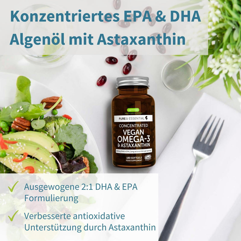 Omega 3 Vegan, algae oil capsules with astaxanthin, highly concentrated 600 mg DHA & EPA, 1344 mg daily dose made from sustainable algae oil & astaxanthin antioxidants, 180 soft capsules, from Igennus Tasteless 180 pieces (pack of 1) - NewNest Australia