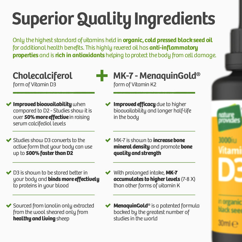Vitamin D3 & K2 (MK-7) in Organic Black Seed Oil (30ml) High Strength Liquid (3,000IU). MK-7 is 100% Trans. Immune Support Sublingual Drops (Made in The UK) - NewNest Australia