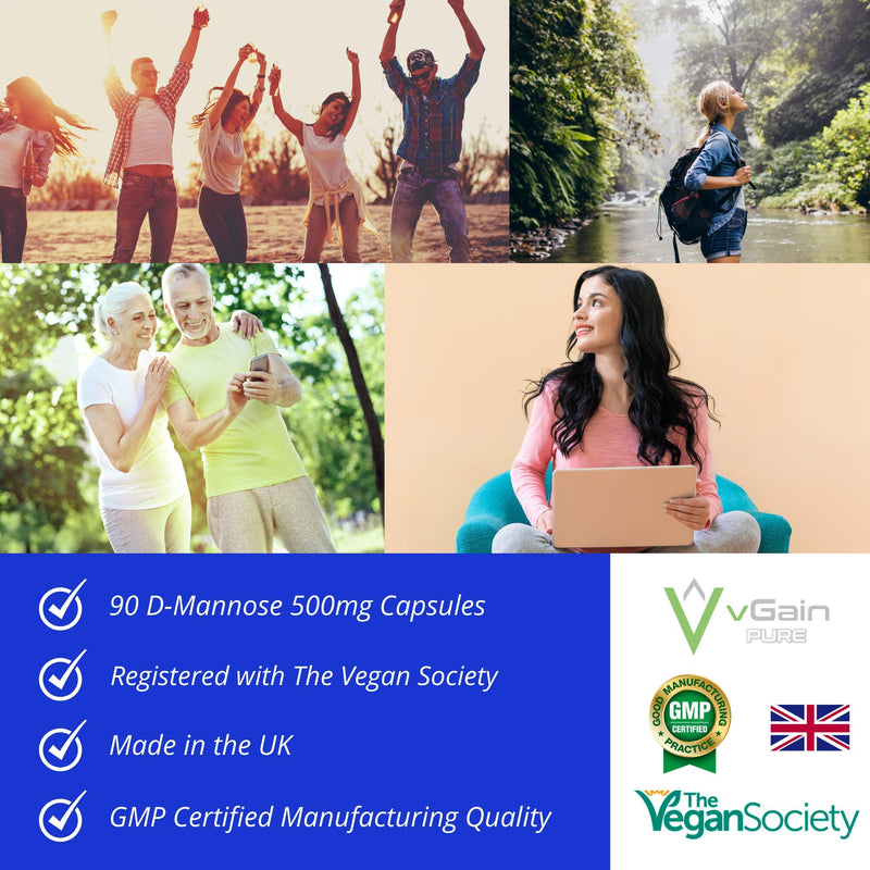 D-Mannose 500mg Capsules by vGain PURE - Certified Vegan by the Vegan Society – Powerful Supplement Support For Urinary Tract Cleanse - Bladder Health & Cystitis - UTI Natural Relief - For Men & Women - NewNest Australia