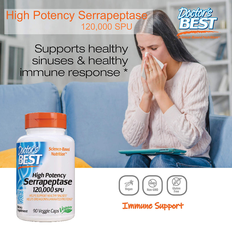 Doctor's Best High Potency Serrapeptase, Non-GMO, Gluten Free, Vegan, Supports Healthy Sinuses, 120,000 SPU, 90 Count - NewNest Australia
