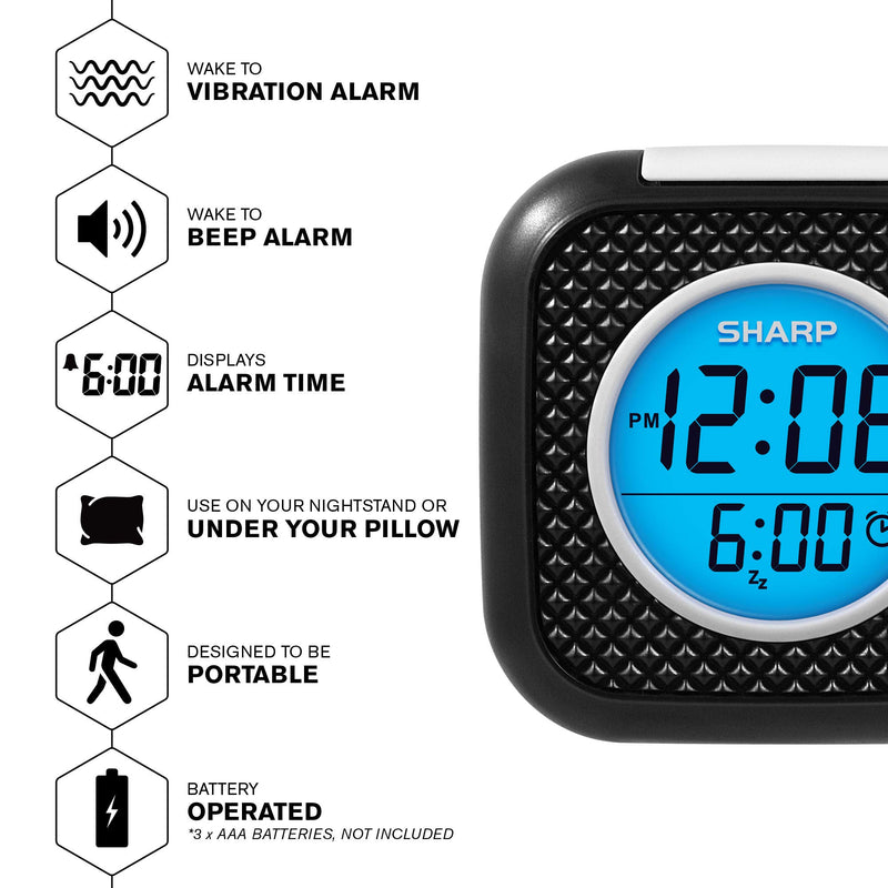 NewNest Australia - SHARP Pillow Personal Alarm Clock – Wake to Vibration or Beep! - Use on Nightstand or Under Pillow! – Great for Travel or Home Use - Battery Operated - Black 