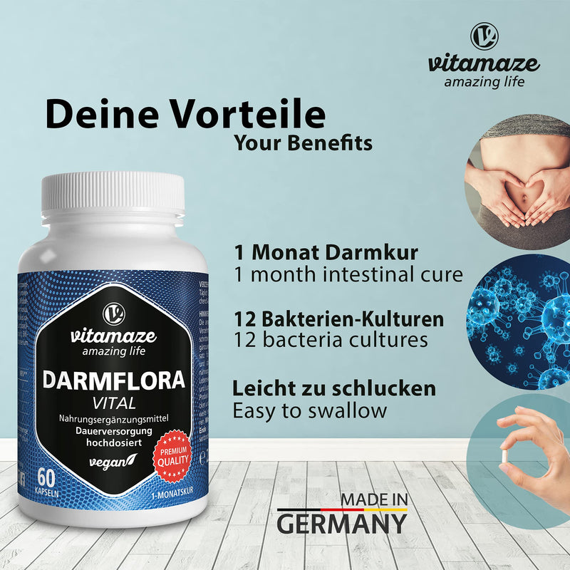 Darmflora Vital capsules, high dosage, enteric-resistant, 60 vegan capsules of probiotics for 1 month of intestinal treatment with 12 active intestinal bacterial cultures + inulin, 16.2 billion CFU per day, Made in Germany - NewNest Australia