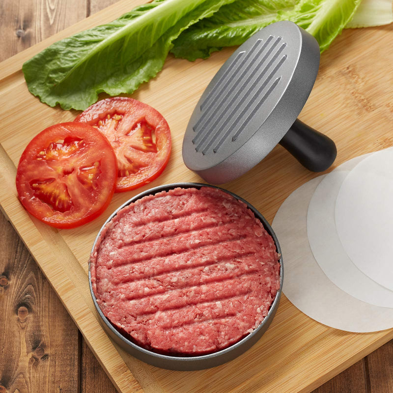 NewNest Australia - Pure Grill Burger Press - Aluminum BBQ Patty Maker with 100 Wax Papers for Grilling Hamburger Patties 