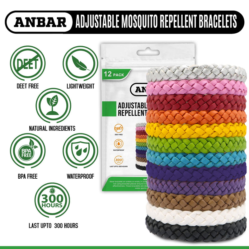 Anbar Leather Mosquito Repellent Bracelets for Adults and Kids, 12 Pack, Deet Free, All-Natural Anti-Mosquito, Tick, and Insect Essential Oils, 300-Hour Waterproof Outdoor Protection (Solid) Solid - NewNest Australia