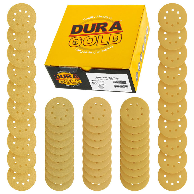 Dura-Gold Premium - Variety Pack - 5" Gold Sanding Discs - 8-Hole Dustless Hook and Loop - 10 each of Grit (60, 80, 120, 220, 320) -Box of 50 Sandpaper Finishing Discs for Woodworking or Automotive Variety Pack - 50 Discs - NewNest Australia