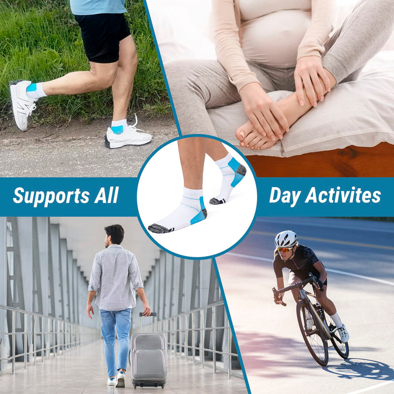 360 RELIEF - Compression Ankle Socks for Sprained Ankle Supports | Arch Pain, Plantar Fasciitis, Foot Swelling, Travel, Flight, Heel Spurs, Pregnancy | S/M, White/Blue with Mesh Laundry Bag | - NewNest Australia