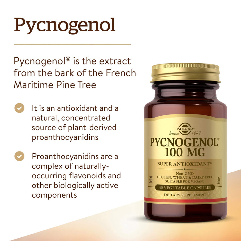 Solgar Pycnogenol 100 mg, 30 Vegetable Capsules - Antioxidant Protection - Healthy Leg & Vein Support - Non-GMO, Vegan, Gluten Free, Dairy Free, Kosher - 30 Servings - NewNest Australia