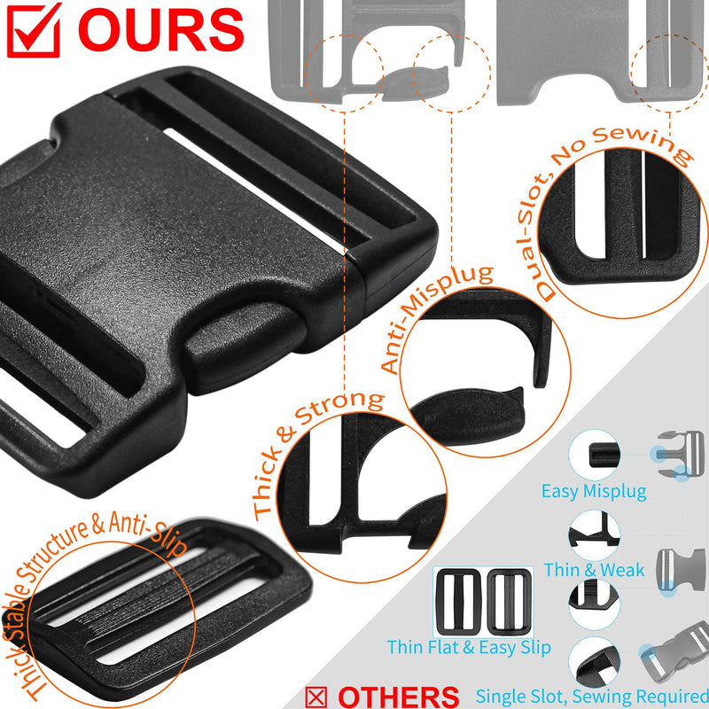 Buckles for Straps 2": Side Release Buckle Plastic Clip 2 set + Tri-Glide Slide 4 pcs Fit 2 inch Wide Nylon Strap Webbing Belt, Heavy Duty Replacement for Backpack Parachute, Dual Adjustable No Sewing 2 Set 2 in - NewNest Australia