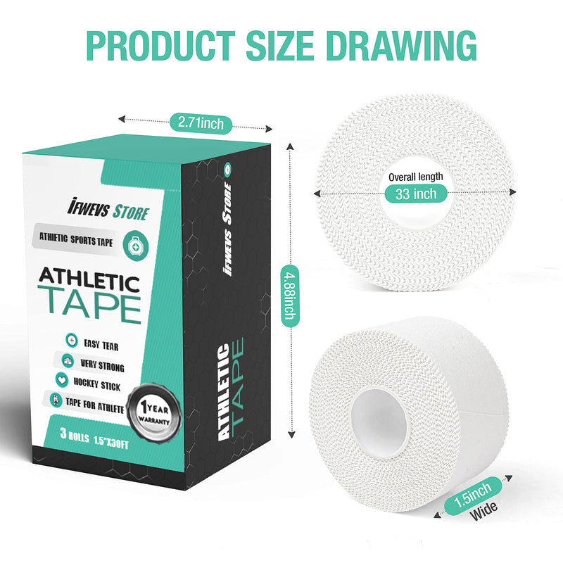 (3 Pack) White Athletic Sports Tape, Very Strong Easy Tear No Sticky Residue Tape for Athlete & Sport Trainers & First Aid Injury Wrap,Suitable for Bats,Tennis,Gymnastics & Boxing（1.5in X 35ft） - NewNest Australia