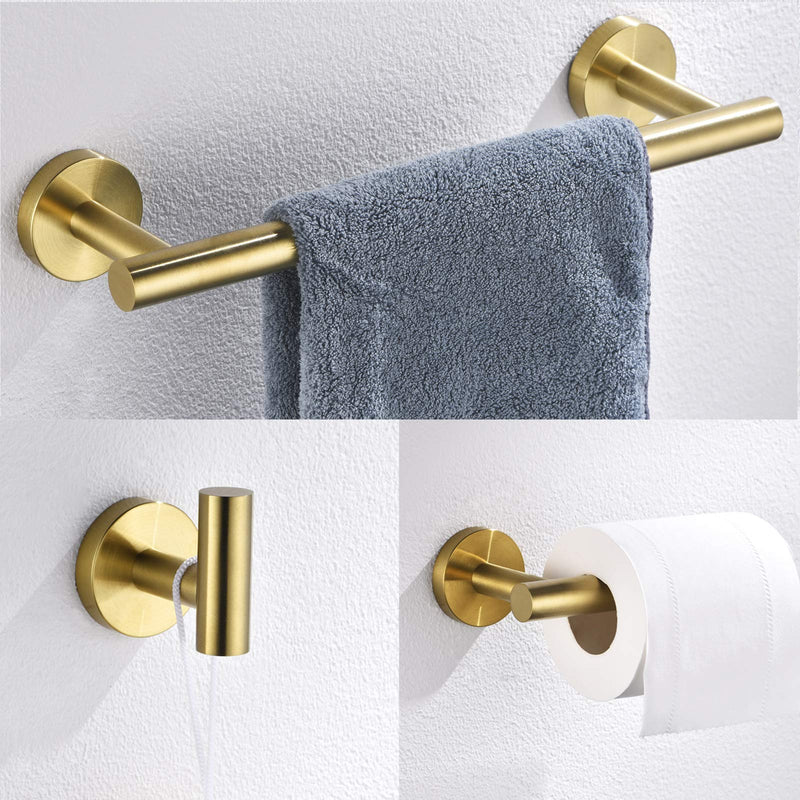 Nolimas 3-Pieces Brushed Gold Bathroom Hardware Set SUS304 Stainless Steel Round Wall Mounted Includes 12" Hand Towel Bar,Toilet Paper Holder,Robe Towel Hooks,Bathroom Accessories Kit - NewNest Australia