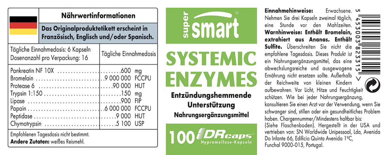 Systemic Enzymes - Strong Anti-Inflammatory Effect - 8 Enzymes | Pancreatin - Brommelain - Protease - Trypsin - Lipase - Papain - Peptidase - Chymotrypsin | Vegan - Drcaps‚Ñ - Supersmart - NewNest Australia