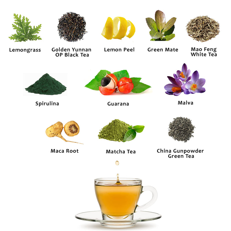 Energy Tee, Müdigkeit und Erschöpfung, Immunsystem stärken, Grüner Tee Lose mit Superfood Spirulina, Maca, Guarana, Yerba Mate, Matcha, Schwarzer Tee, Weißer Tee, Immun Boost, Kaffee Alternative 100g - NewNest Australia