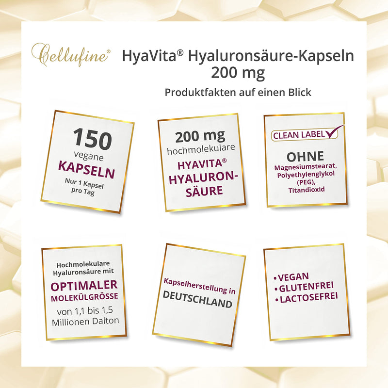 Cellufine® HyaVita Hyaluronic Acid 150 capsules - high dose, high molecular weight, gluten-free, vegan - 150 gluten-free capsules with HyaVita Hyaluronic Acid I natural & without preservatives - NewNest Australia
