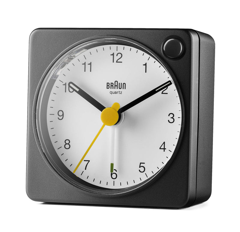 NewNest Australia - Braun Classic Travel Analogue Alarm Clock with Snooze and Light, Compact Size, Quiet Quartz Movement, Crescendo Beep Alarm in Black and White, Model BC02XBW. 