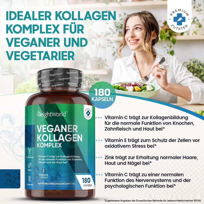 Vegan Collagen Capsules - Collagen Complex Protein For Collagen Formation In The Body - 180 Capsules For 2 Months - Hyaluronic Acid, Vitamin C, E & Zinc - For Skin, Hair & Nails - Collagen Weightworld - NewNest Australia