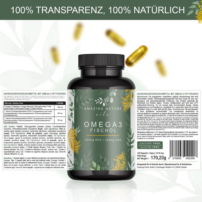 Amazing Nature® Omega 3 capsules High dosage with 1000 mg of high-quality fish oil per capsule and the fatty acids EPA & DHA 1 x 120 Omega-3 capsules from sustainable fishing - NewNest Australia