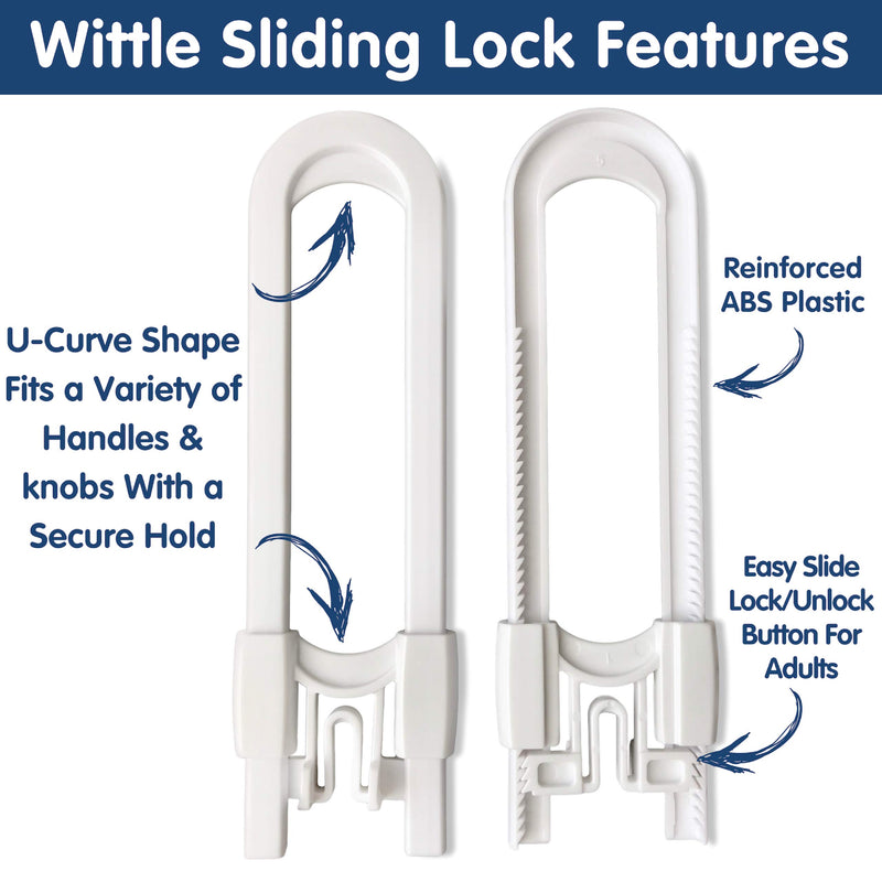 Wittle Child Safety Sliding Cabinet Lock - 6 Pk, White. Baby Proof Cabinet Knobs, Handles, Drawers. No Tools, Drilling, Magnets, or Adhesive. Multipurpose and Reusable U Shape Easy Slide Latch Locks. - NewNest Australia