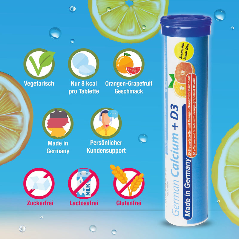German Calcium + Vitamin D3 Effervescent Tablets Pack Of 60 Orange-Grapefruit Flavor - 500 Mg Calcium, 2.5 Œºg Vitamin D3 - T&D Pharma - Made In Germany Mixed Fruit 60 Pieces (Pack Of 1) - NewNest Australia