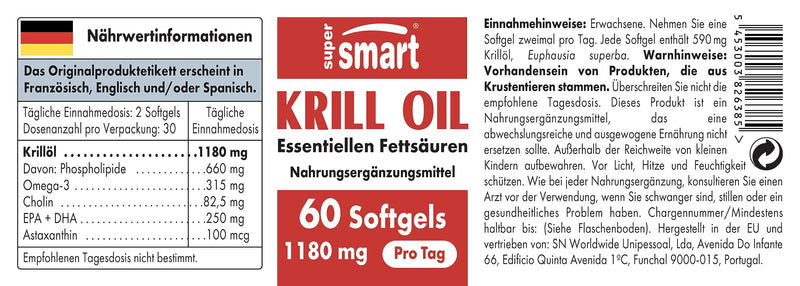 Krill oil 1180 mg/day - Promotes normal blood pressure - Naturally rich in Omega 3 (EPA and DHA), antioxidants and phospholipids - Supersmart - NewNest Australia