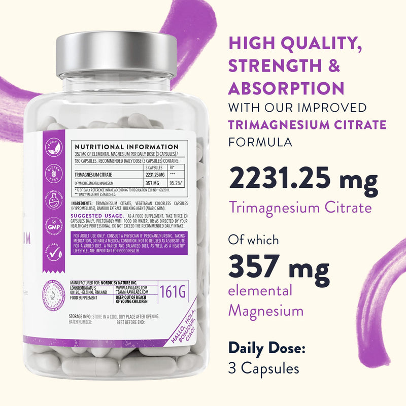 High Absorption Magnesium Citrate Supplements - [ 357 mg ] - Vegan Magnesium Capsules - High Dose of Elemental Magnesium – 180 Magnesium Citrate Capsules - Pure and GMO Free - 2 Month Supply - NewNest Australia
