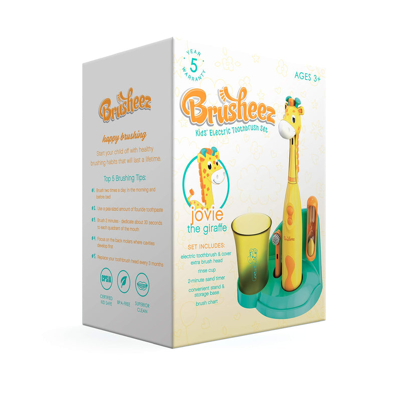 Brusheez® Kids Electric Toothbrush Set (Safari Edition) - Battery Operated, Soft Bristles, Easy On/Off, 2 Brush Heads, Animal Cover, Sand Timer, Rinse Cup, and Base - Ages 3+ (Jovie The Giraffe) Jovie - NewNest Australia