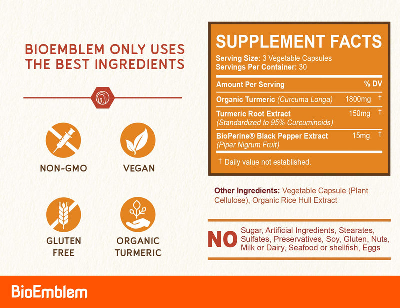 BioEmblem Turmeric Curcumin Supplement with BioPerine | Joint Support & Inflammatory Response | with Organic Turmeric Powder & 95% Curcuminoids Extract | California Made, Non-GMO, 30-Day Supply - NewNest Australia