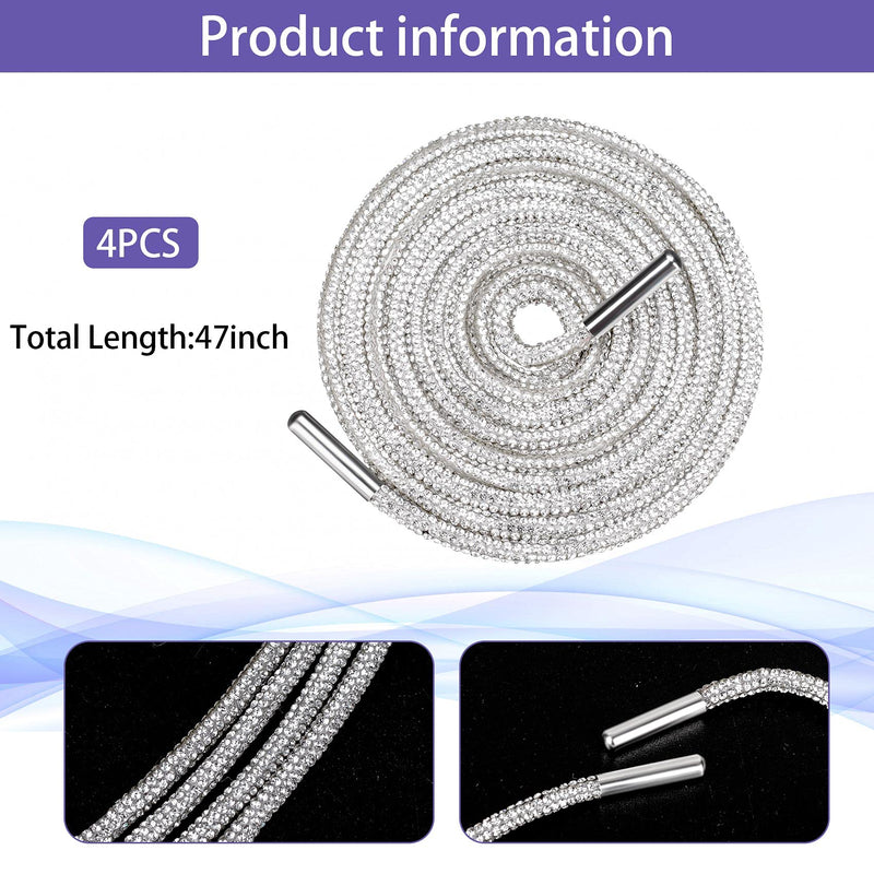 PAGOW 2Pairs Crystal Rhinestone Glitter Rope, Bling Bling Shiny Round shoe laces for sneakers, Drawstring Cords Replacement for Sweatpants Shorts Crystal Hoodies, Silver, 120cm - NewNest Australia