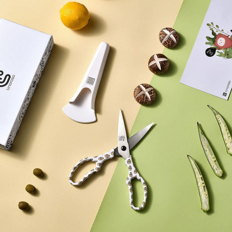Linoroso Heavy Duty Kitchen Scissor Ultra Sharp Utility Scissors with Cover, Cooking Cutting Stainless Steel Food Shears for Meat Poultry Fish Chicken Pizza Vegetables Herbs BBQ Nuts - Chick Graphic White/Chick - NewNest Australia