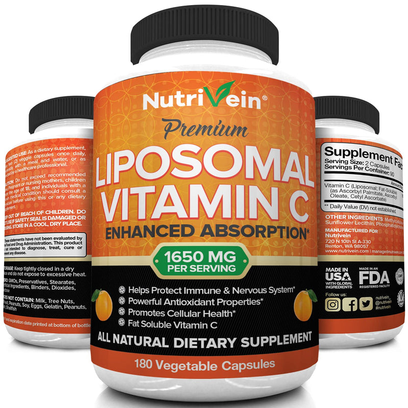 Nutrivein Liposomal Vitamin C 1650mg - 180 Capsules - High Absorption Ascorbic Acid - Supports Immune System & Collagen Booster - Powerful Antioxidant - NewNest Australia