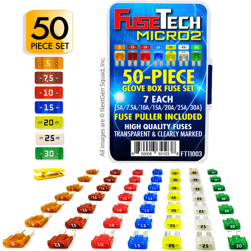 FuseTech Micro2 APT ATR 50 Piece Automotive Car Fuse Assortment Glove Box Set (49 Micro 2 Blade Fuses + Fuse Puller) 5A 7.5A 10A 15A 20A 25A 30A - NewNest Australia