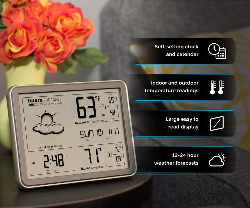 NewNest Australia - AcuRite 75077A3M Self-Learning Forecast Wireless Weather Station with Large Display and Atomic Clock, Black Monochrome Display 