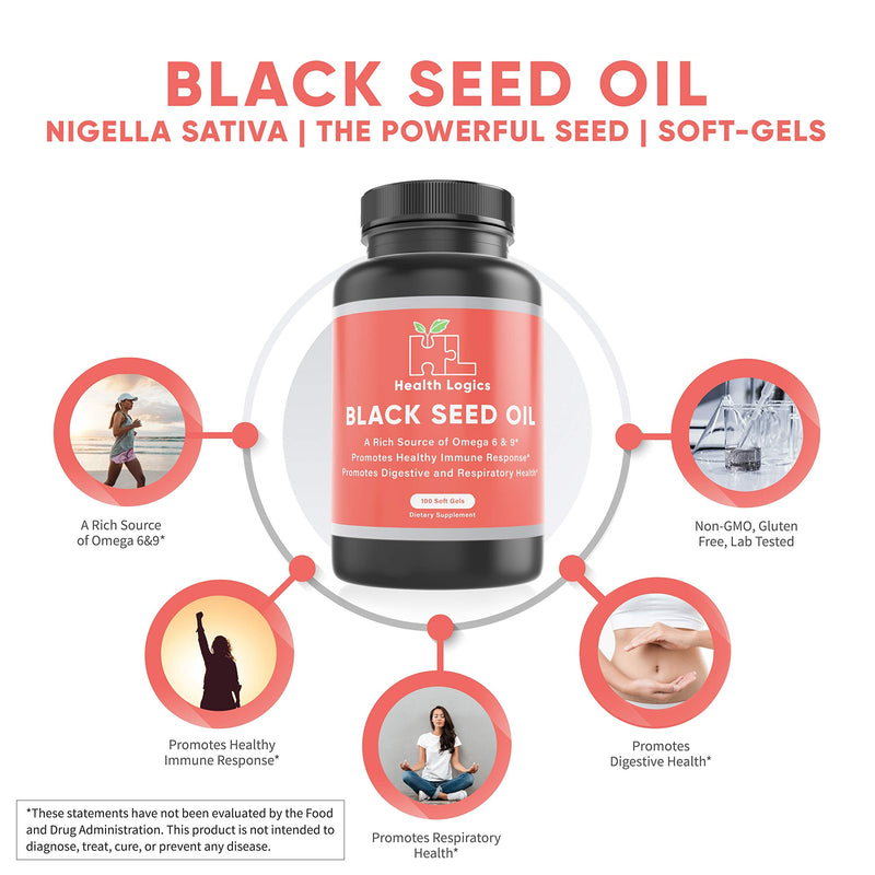 Health Logics Black Seed Oil, Cold Pressed, Rich Source of Omega 6 & 9 Essential Fatty Acids, from Nigella Sativa (100 Soft Gel Capsules) - NewNest Australia