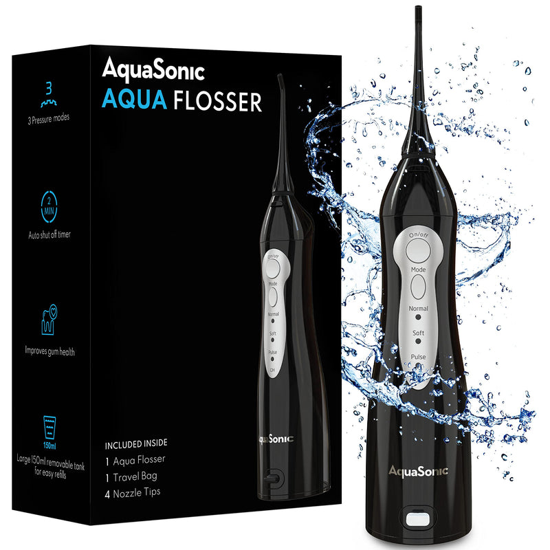Aquasonic Aqua Flosser - Professional Rechargeable Water Flosser with 4 Tips - Oral Irrigator w/ 3 Modes - Portable & Cordless Flosser - Kids and Braces - Dentist Recommended Black - NewNest Australia