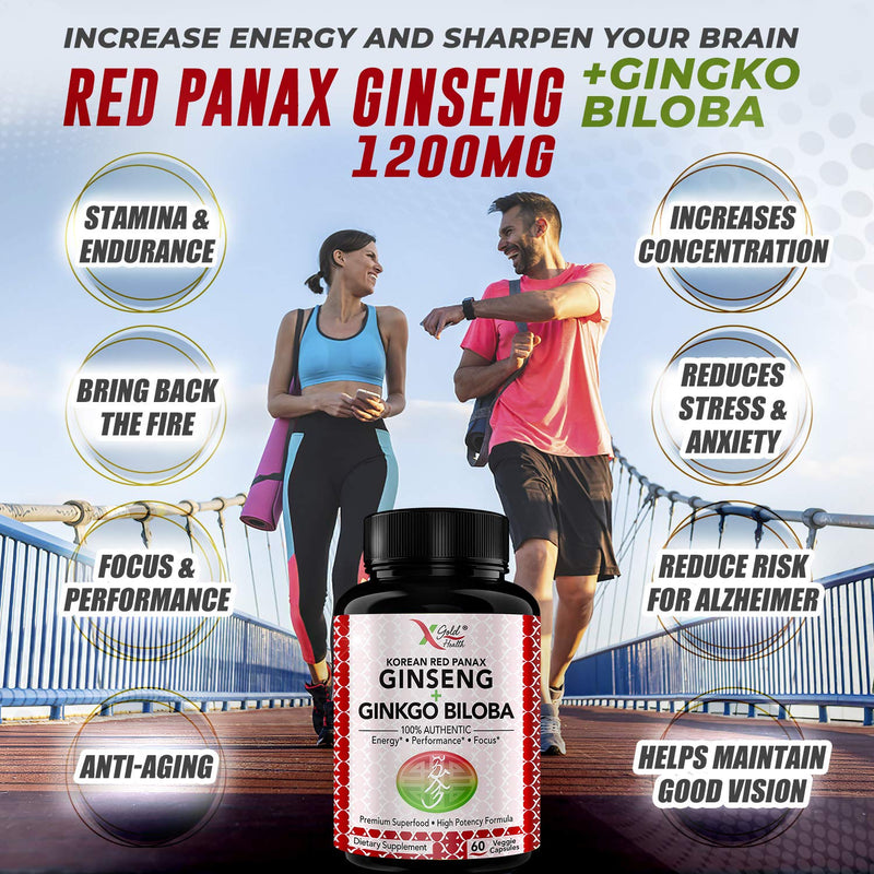 Korean Red Panax Ginseng 1200mg + Ginkgo Biloba - Extra Strength Root Extract Powder Supplement w/High Ginsenosides Vegan Capsules for Energy, Performance & Focus Pills for Men & Women 60 Count (Pack of 1) - NewNest Australia