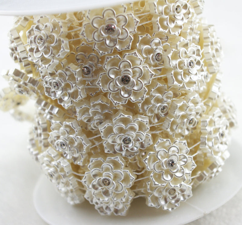 AEAOA 5 Yards 4/5" Ivory Flower Pearl Rhinestone Chain Sew On Trims Wedding Dress Decoration (LZ95) LZ95 - NewNest Australia