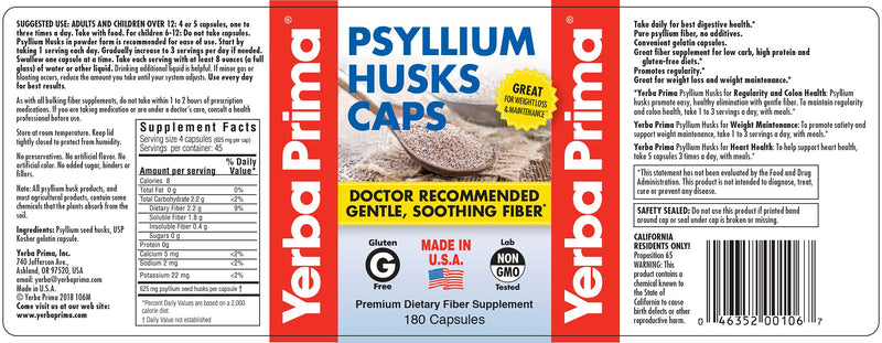 Yerba Prima Psyllium Husk Caps - 180 Capsules (Pack of 2) - Easy to Swallow Fiber Supplement - Colon Cleanse - Gut Health - Vegan Non-GMO Gluten Free - NewNest Australia