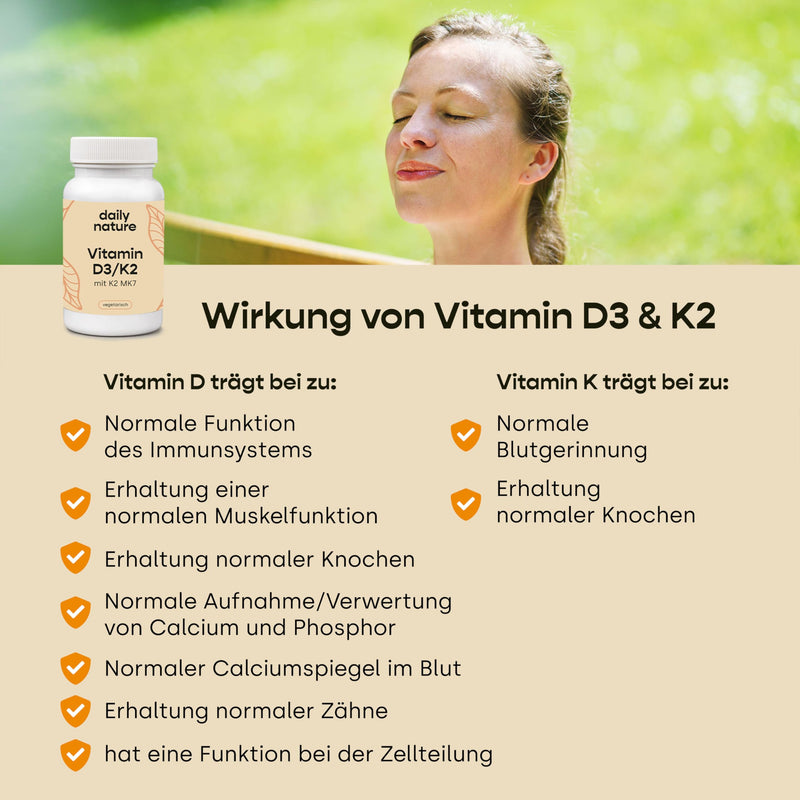 dailynature Vitamin D3 + K2 | 180 tablets each with 5,000 IU D3 in high doses + 100 µg K2 | Dietary supplement - vegetarian, without unwanted additives, gluten-free & lactose-free | laboratory tested - NewNest Australia