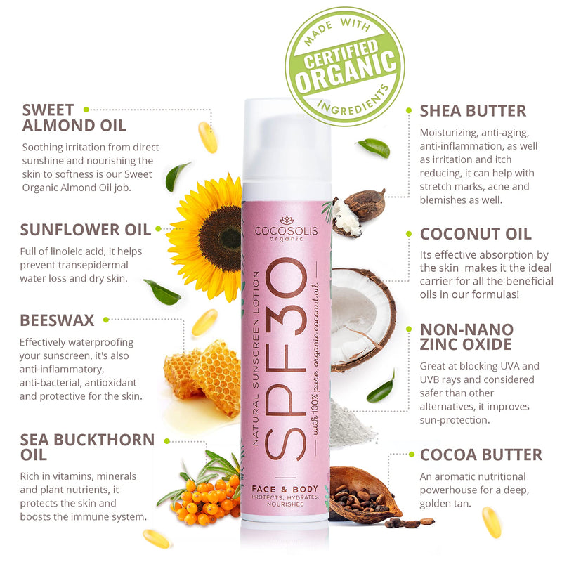 Improved Formula! COCOSOLIS Natural Sunscreen Lotion SPF 30 | Effective UVA and UVB protection | Nourished & Hydrated Skin | For Face & Body | Mineral Sun Block Cream | 100% Natural Ingredients - NewNest Australia