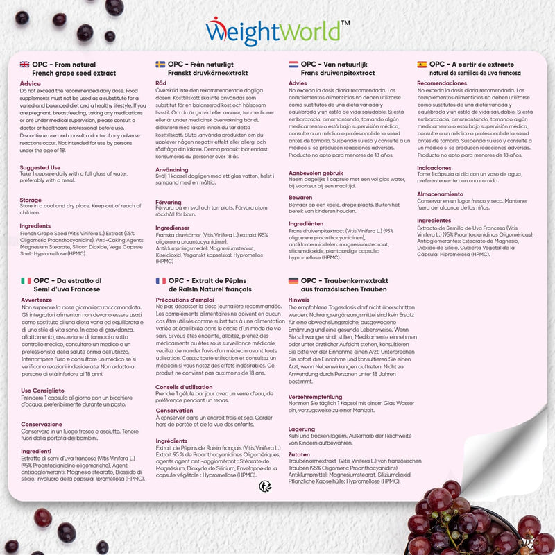 OPC grape seed extract capsules - 240 pieces for 8 months supply - 95% pure OPC (Oligomeric Proanthocyanidins) - 500mg grape seed extract per vegan capsule from French grapes - WeightWorld OPC capsules - NewNest Australia