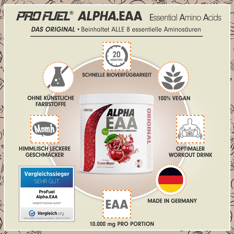 Alpha EAA powder 462g CHERRY BERRY - incredibly delicious EAA drink powder, all 8 essential amino acids, vegan EAAs amino acids/amino workout drink, optimal value, Made in Germany 462 g (pack of 1) - NewNest Australia